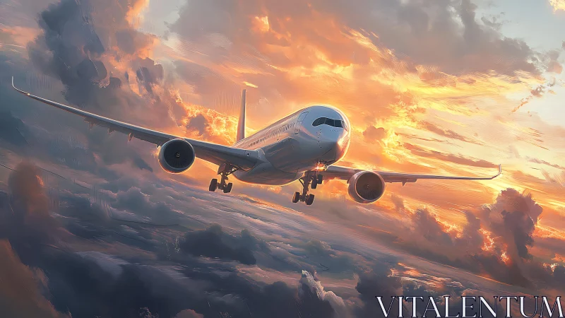 Commercial jet airliner above clouds at sunset sky.