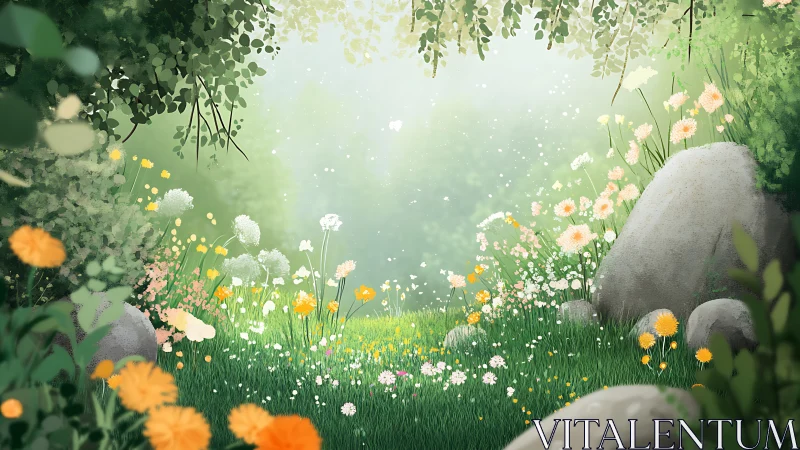 Sunlit wildflower meadow framed by rocks and foliage.