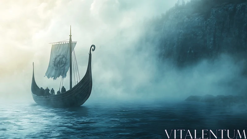 Viking longship in mist near coastal cliffs at sunrise.