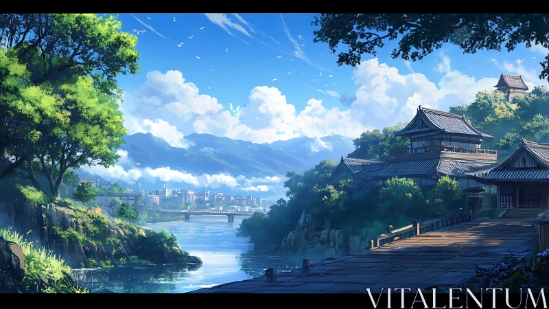 Riverside town with traditional hillside complex in sunlight.