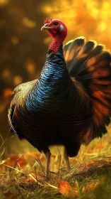 Wild Turkey Male Standing in Golden Grassland Setting