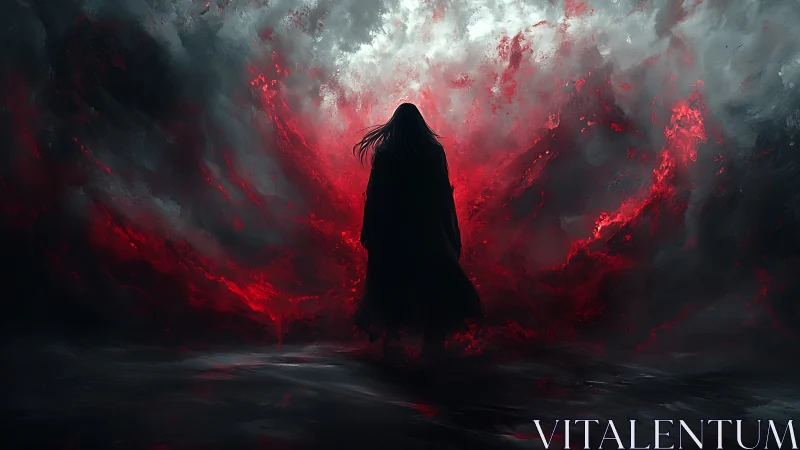 Dark cloaked figure within swirling red stormscape.