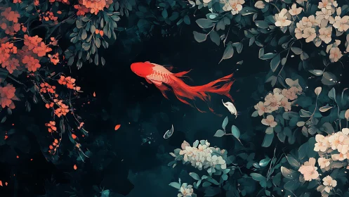 Crimson koi gliding through floral-framed emerald pond.