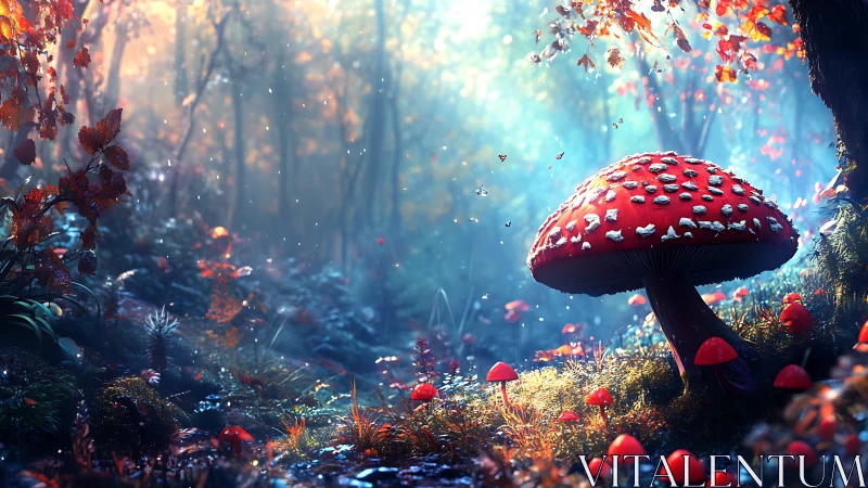 Giant crimson toadstool quietly crowns a luminous fairy grove