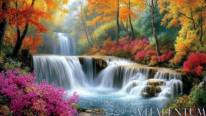 Cascading forest waterfall flows through vibrant autumn valley