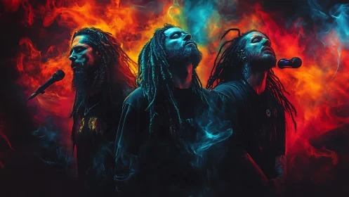 Triadic vocalist portrait in volumetric neon smoke field.