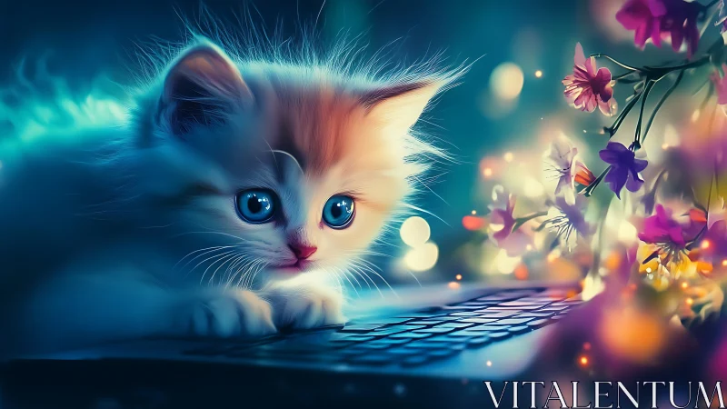 A Dreamy Kitten Among Glowing Flowers and Magic Light.