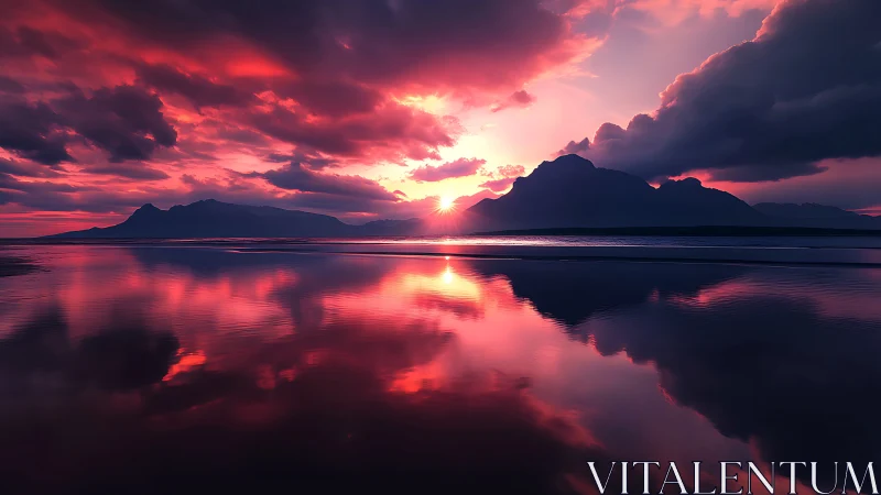Crimson tidal flats reflecting backlit mountains at sunset