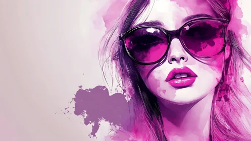Vibrant pink portrait shows stylish woman wearing sunglasses