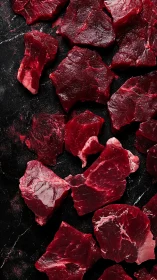 Raw beef chunks lie on dark stone surface in rows