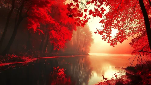 Crimson autumn forest glows beside a misty reflective river.