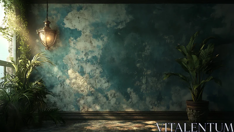 Moody teal plaster wall with hanging lantern and plants.