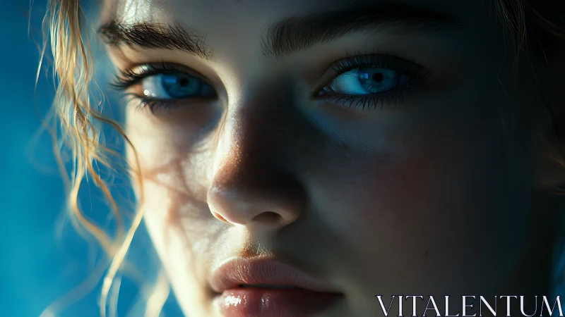 Photorealistic close-up portrait with cinematic blue lighting.