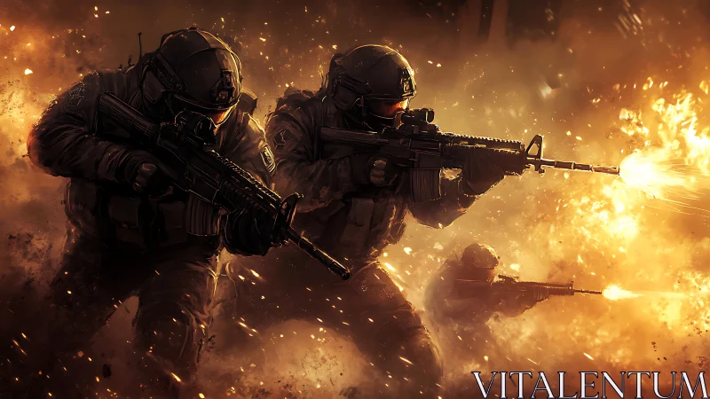 Tactical assault team advances through incendiary blast field under fire