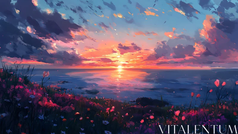 Wildflowers applaud as the painted ocean swallows the sun