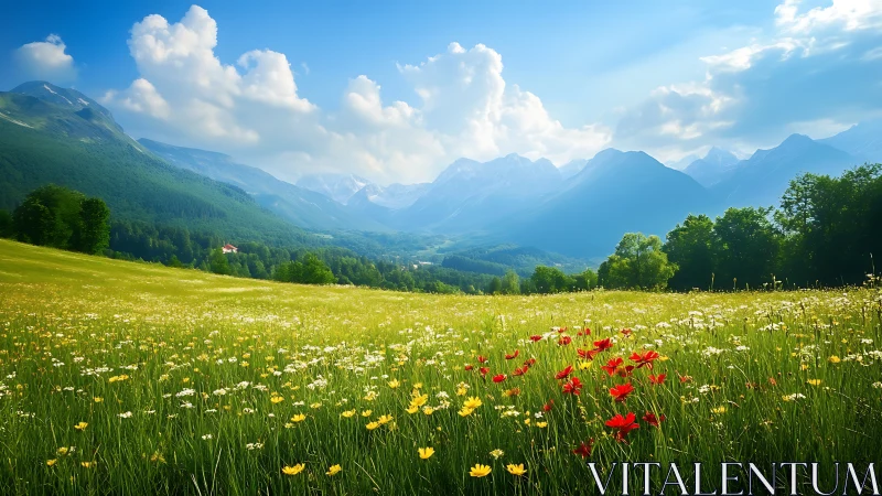 Wildflower meadow dreaming beneath soft blue mountain hush.