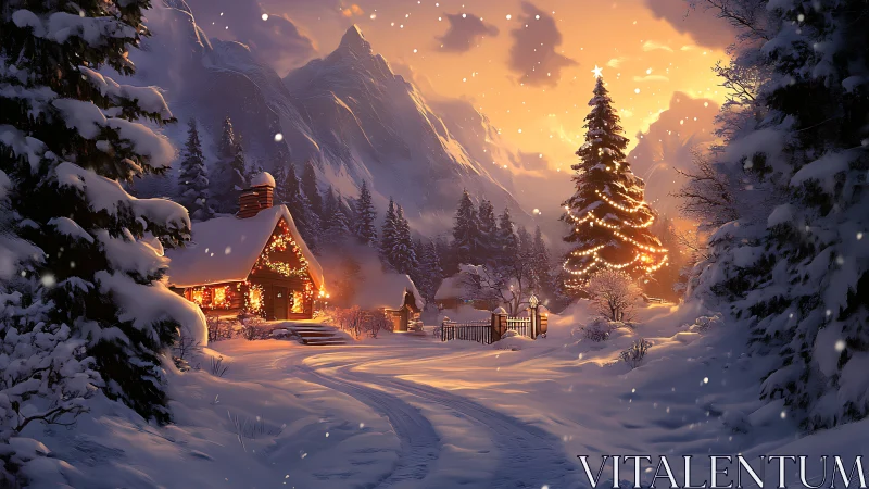 Snow-covered mountain cabin and lit evergreen at sunset.