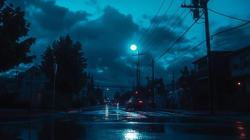 Nocturnal suburban street with wet asphalt and distant sedan