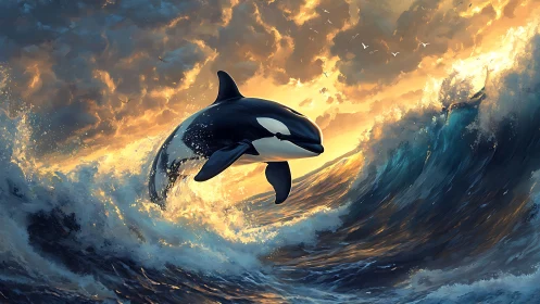 Orca emerging from turbulent ocean waves at sunset.