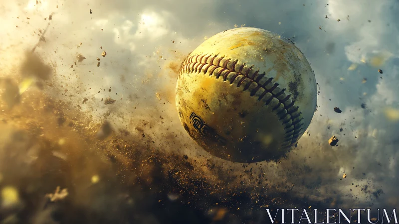 Weathered baseball spins through dust and debris field.
