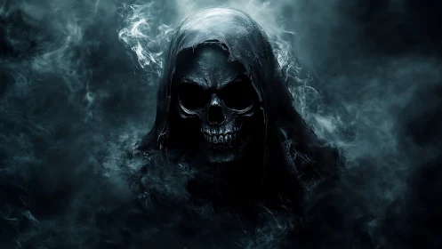 Hooded skeletal figure emerges from dense, swirling dark smoke