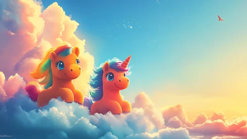 Cartoon ponies and a unicorn rendered in luminous cloudscape