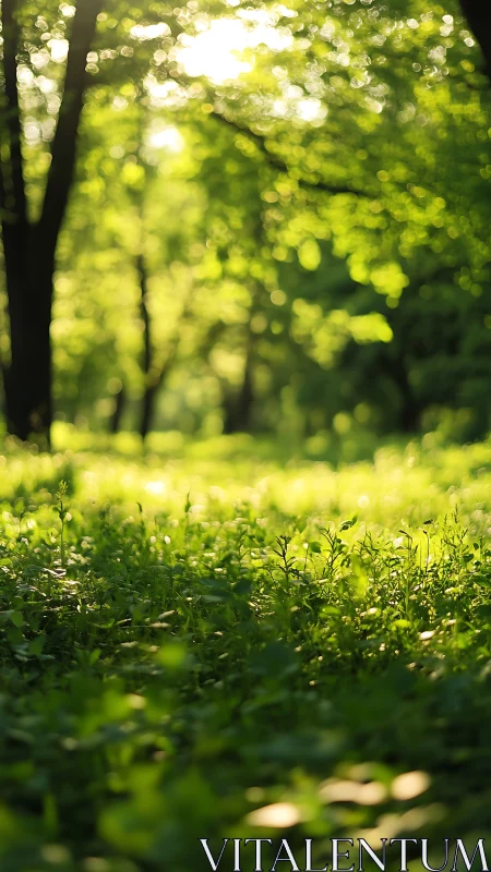 Sunlit Forest Clearing: Golden Hour Bokeh Through Dense Canopy.