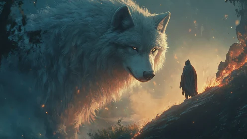 Colossal spirit wolf watches lone wanderer amid burning ridge