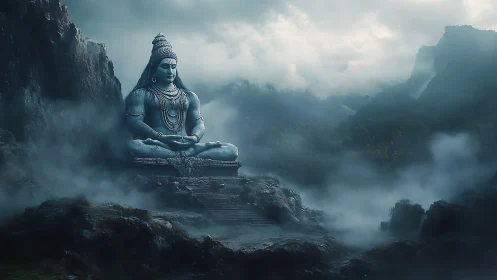 Monolithic meditative statue in mist-laden mountainous basin rendered atmospherically