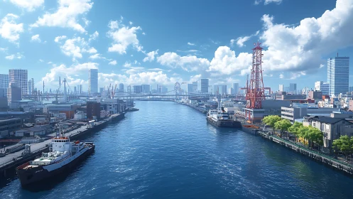High-key digital seaport panorama renders industrial waterfront