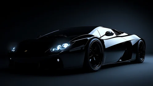 Midnight black supercar in low key studio lighting profile