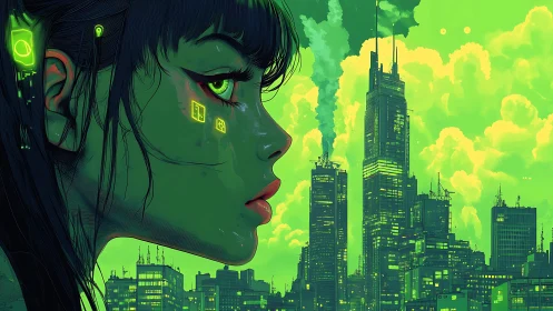 Augmented cyborg profile scans neon green cyberpunk megacity skyline
