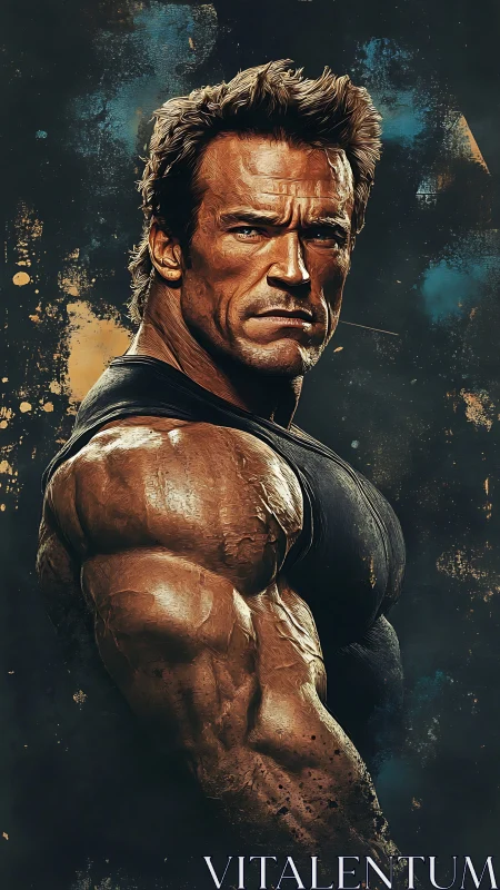 Muscular warrior portrait stands against grunge abstract backdrop.