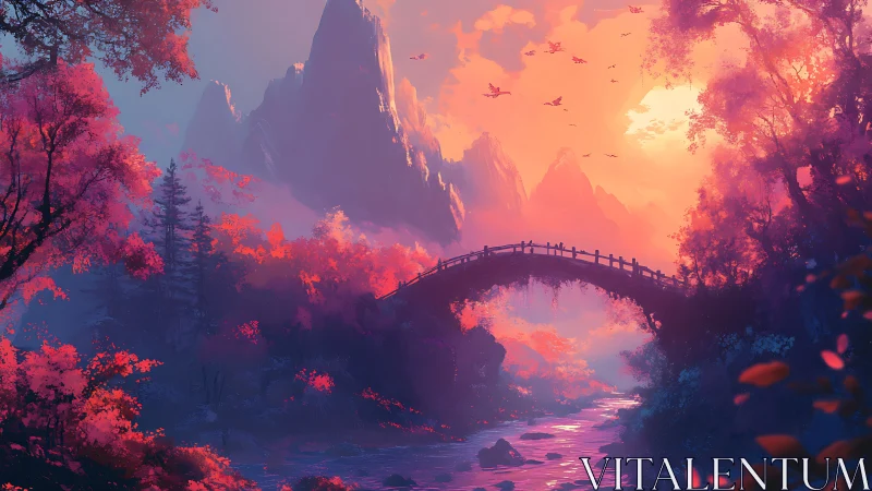 Sunset bridge over vivid forest river beneath sharp peaks.