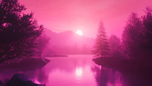 Neon dusk over tranquil river and silhouetted forest shoreline.