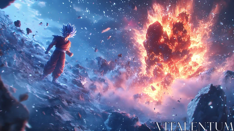Blue‑haired warrior walks calm while a planet’s heart erupts