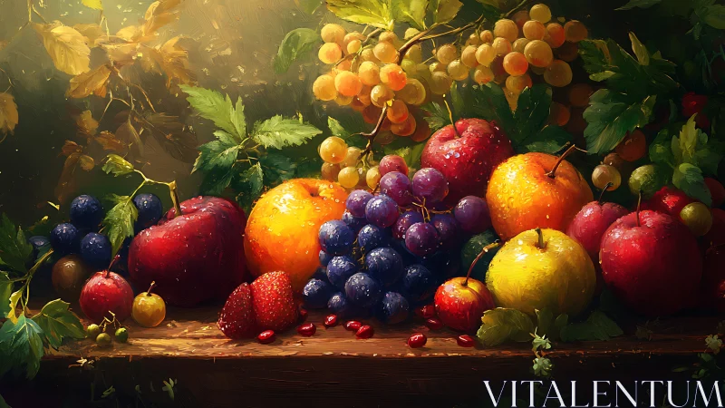 Sunlit autumn fruits gathered in a cozy rustic still life.