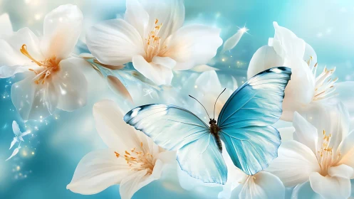 Gentle blue butterfly drifting through soft white blossoms.