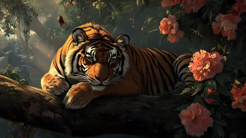 Tiger resting on tree branch amid dense floral foliage.