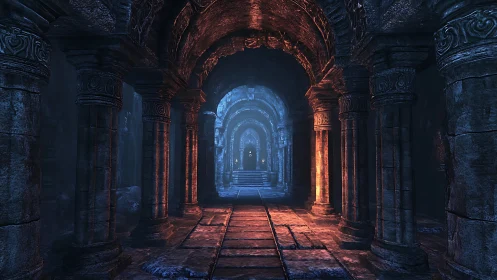 Ancient stone corridor glows with cold blue and warm firelight