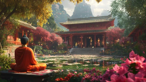 Quiet garden temple invites calm reflection by lotus pond