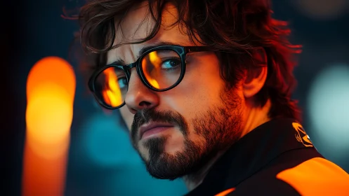 Warm neon reflections frame a thoughtful man in bold glasses