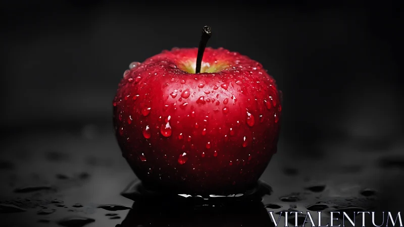 Red apple with water droplets on reflective black surface.