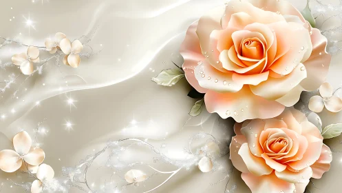 Peach roses dance through luminous silk and dewdrop dreams.