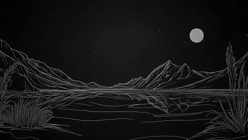 Moonlit mountain lake outlined in gentle silver lines.