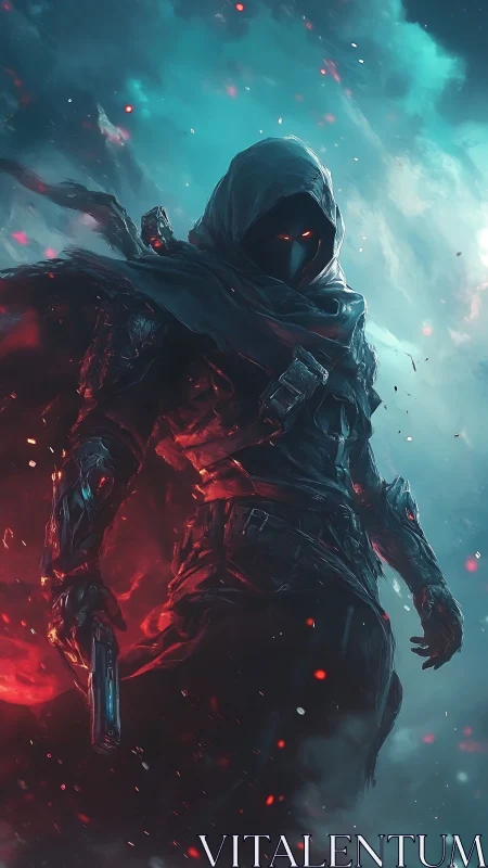 Hooded armed figure in red and teal atmospheric environment.