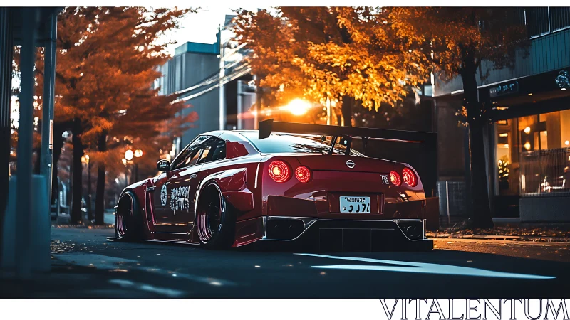 Modified red Nissan GT-R stands under warm autumn streetlight