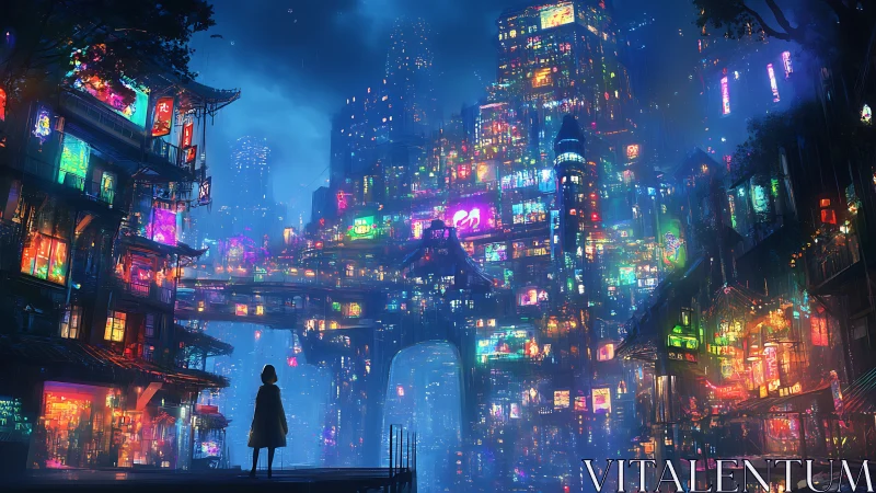 Neon-drenched mega city glows around a lone silhouetted figure.