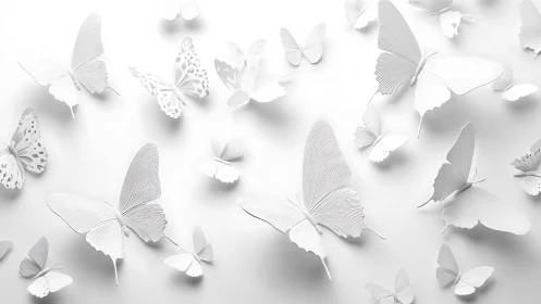 White paper butterflies arranged on clean bright wall.