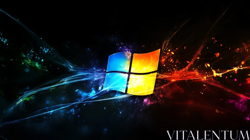 Windows logo in high-energy chromatic particle explosion field.